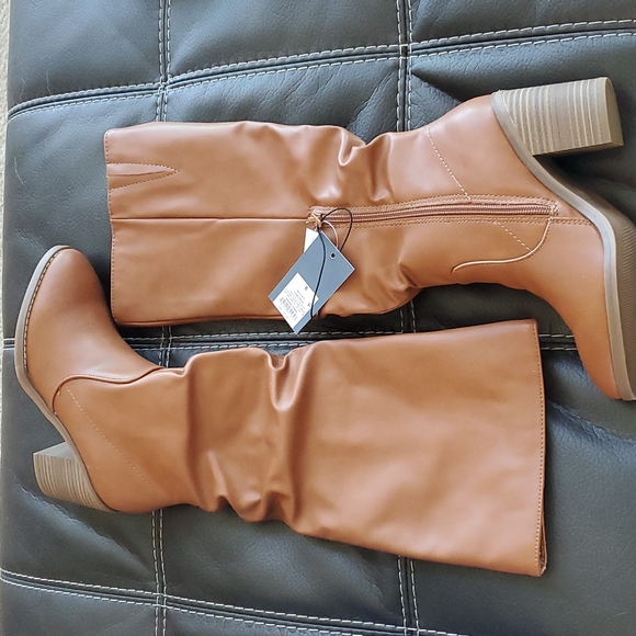 Universal Thread Tessa Knee High Scrunch Heeled Faux Leather Boots Cognac NWT - Picture 4 of 7